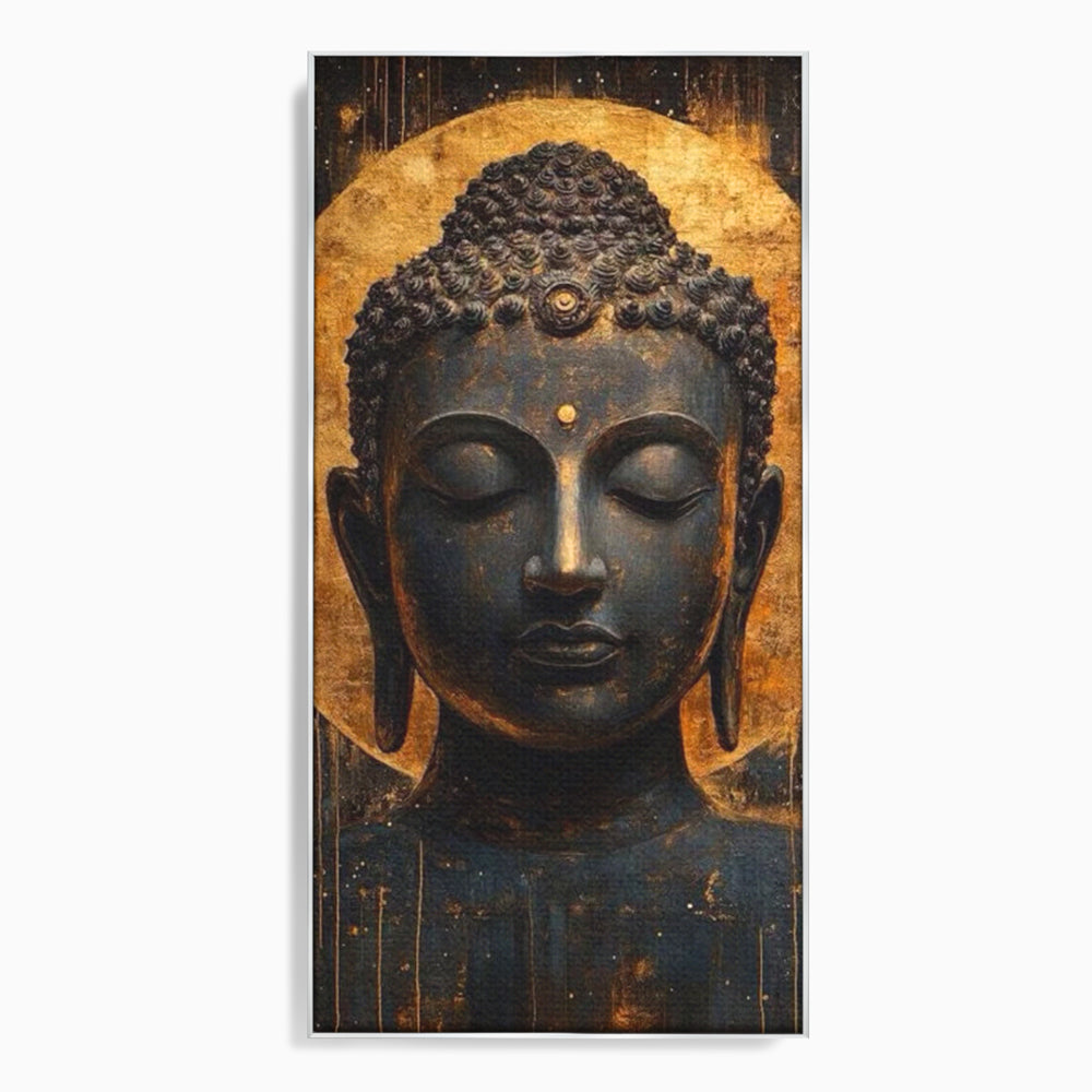 Tablou canvas cu tablou canvas cu capul lui buddha, in rama de aluminiu argintiu